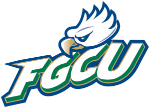 Logo of Florida Gulf Coast University featuring a stylized eagle head above the letters "FGCU" in bold, blue, and green outlined font.