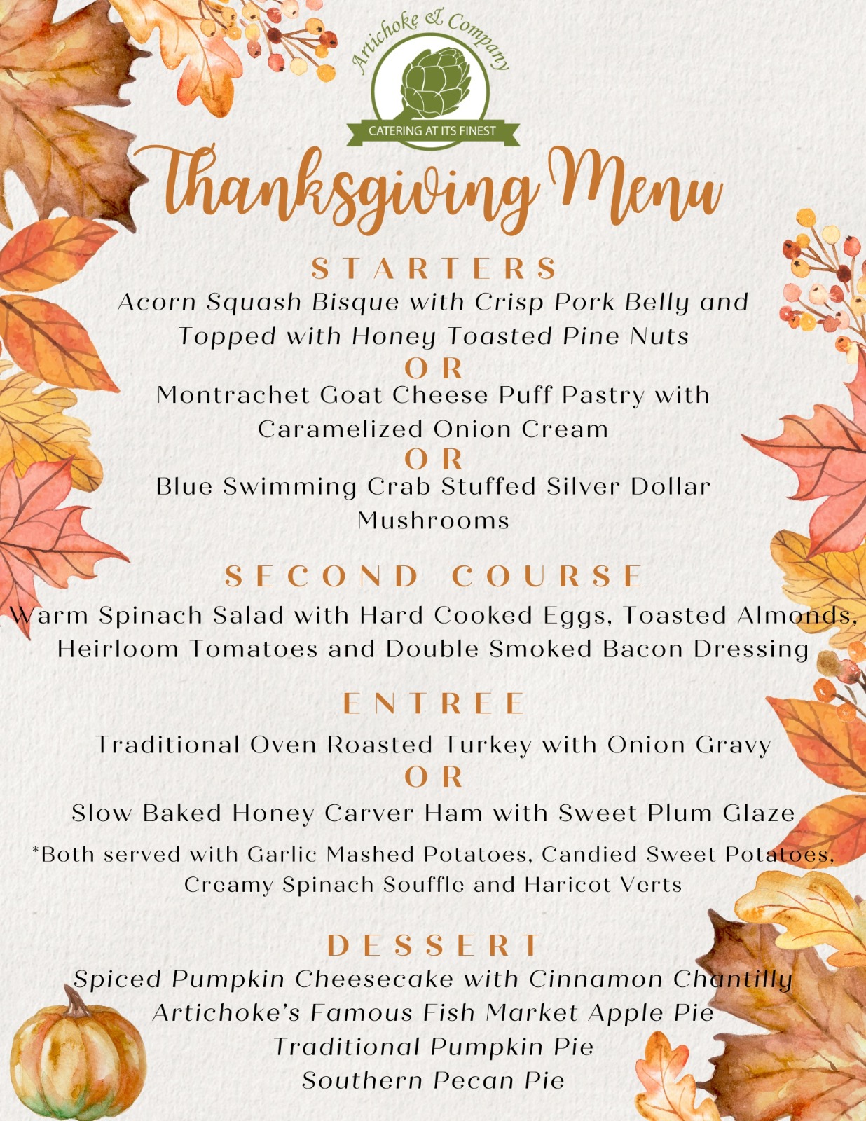 A Thanksgiving menu with starters, second course, entrees, and desserts listed, featuring dishes like Acorn Squash Bisque, Spinach Salad, Roasted Turkey, and Pumpkin Cheesecake, with autumn-themed decorations.