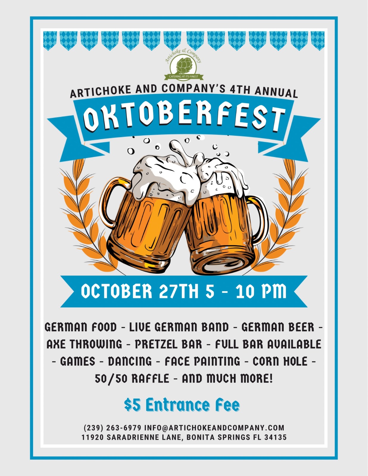 Flyer for Artichoke and Company's 4th Annual Oktoberfest on October 27th from 5 to 10 PM. Features two clinking beer mugs, event details, activities, and a $5 entrance fee.